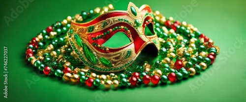  Mardi Gras, showcasing a vibrant and ornately decorated mask surrounded by colorful beads.
