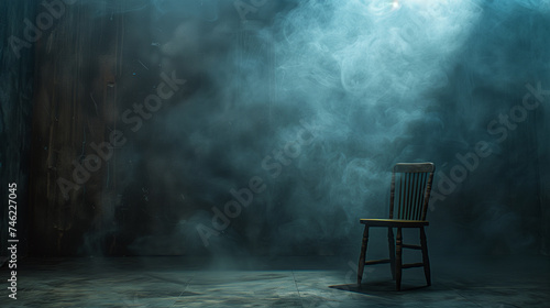 An empty, dimly lit workroom featuring only a solitary chair, reminiscent of an interrogation room