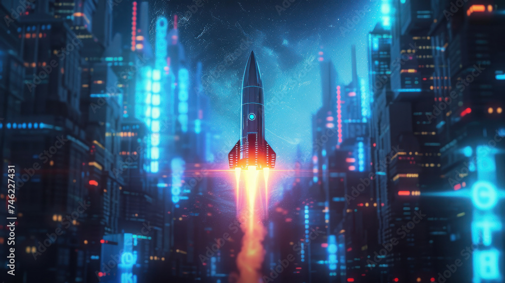 A futuristic rocket, sleek design with neon blue dots, split lighting accentuating its contours, hovering above a futuristic cityscape High contrast, neon lighting effects, sharp a, AI Generative A futuristic rocket, sleek design with neon blue dots, split lighting accentuating its contours, hovering above a futuristic cityscape High contrast, neon lighting effects, sharp a, AI Generative