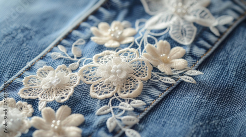 A basic pair of jeans is given a luxurious upgrade with intricate lace appliques adding a touch of femininity and sophistication to a casual staple.