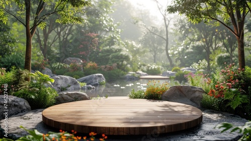 3D rendering of a chic wooden podium, harmoniously integrated into a backdrop of tranquil, blurred foliage, AI Generative