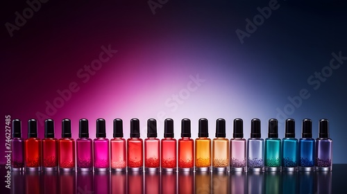 A vibrant spectrum of nail polish bottles arranged in a perfect gradient.