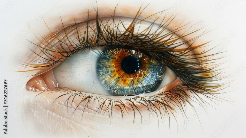 Fototapeta premium Close-up on a natural eye, female, isolated against a white backdrop, detailed iris texture, pure and clear, soft lighting AI Generative