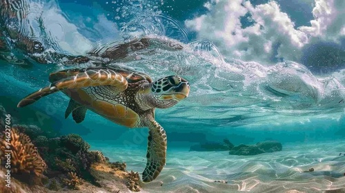 Beautiful overunderwater photograph of a Green sea turtle in the clear waters of Hawaii, perfectly capturing the turtle graceful movement between two worlds, the vibrant underwat AI Generative