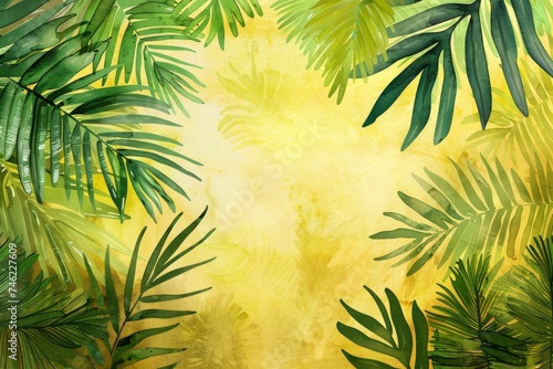 Tropical watercolor background with exotic palm leaves, jungle theme, vibrant green and yellow tones, for travel and vacation designs