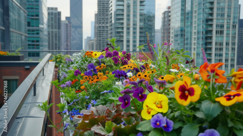 A beautiful display of multicolored flowers growing in a rooftop garden adding a touch of beauty and biodiversity to an otherwise concrete cityscape. © Justlight