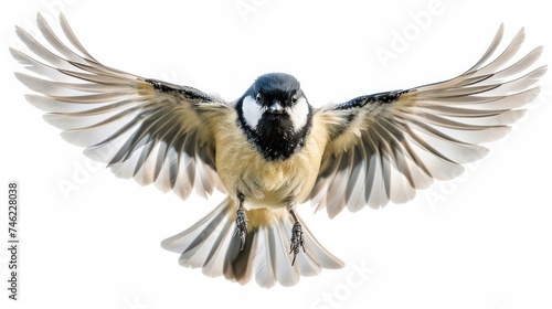Portrait of a little bird tit in flight, wings spread wide and feathers fluttering, captured against a white isolated background, a dynamic display of movement and grace in the air AI Generative © sorapop