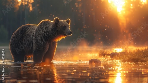 powerful bear standing, wild forest habitat, natural, immersive, early morning mist, photorealistic, serene, soft lighting, AI Generative photo