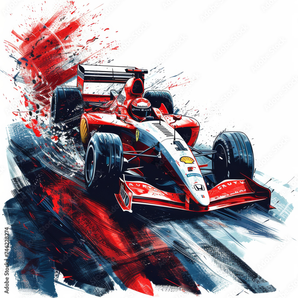 A high-speed graphic of a Formula One racing car with a dramatic red splash background.