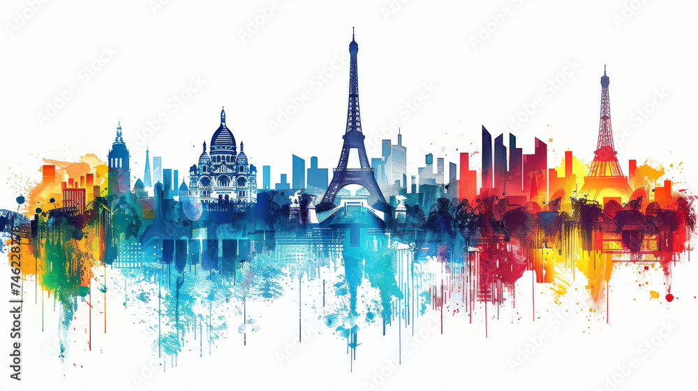 Artistic representation of Paris skyline with Eiffel Tower in watercolor splashes. - obrazy, fototapety, plakaty 