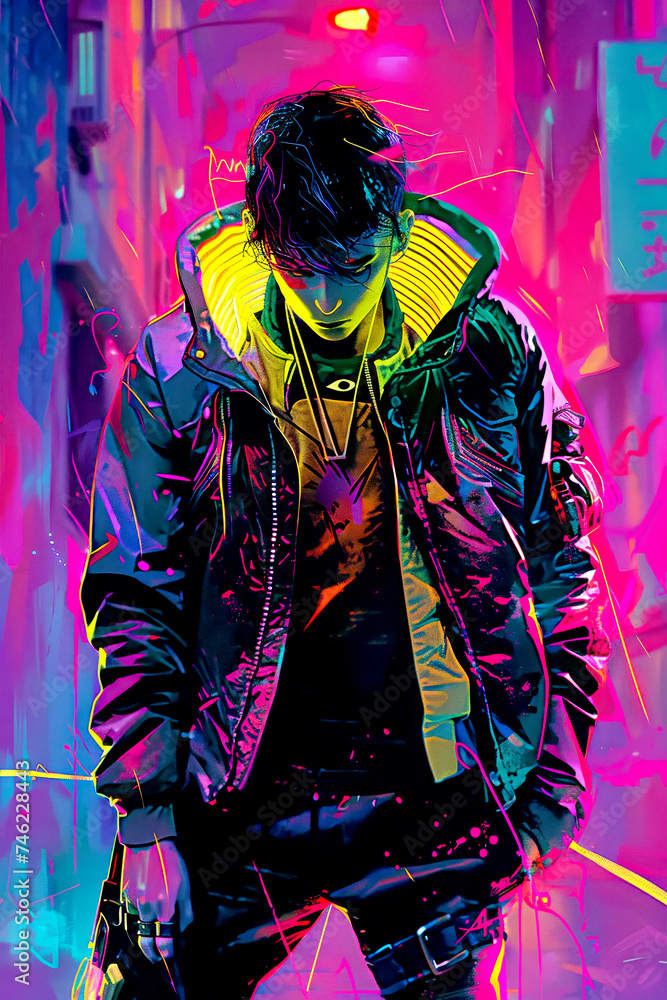 A cyberpunk-inspired portrait of a person in a neon-lit environment with a glowing jacket, exuding urban edginess. A cyberpunk-inspired portrait of a person in a neon-lit environment with a glowing jacket, exuding urban edginess.