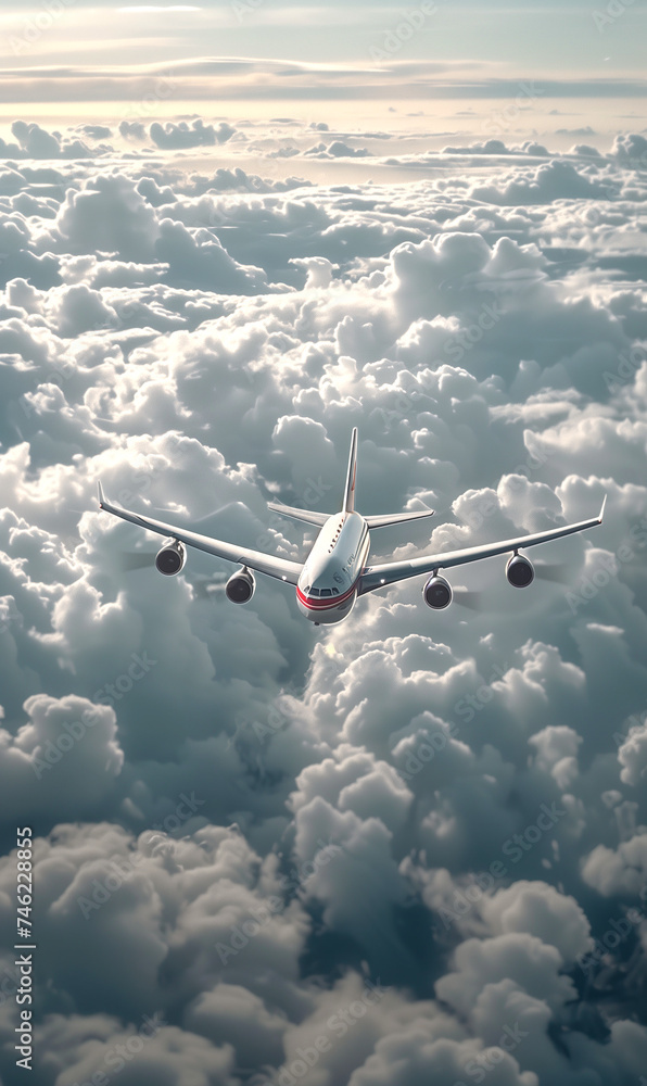 An airliner flying above the clouds in the sky, viewed from above An airliner flying above the clouds in the sky, viewed from above