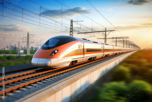 High-speed train zipping through an urban landscape, symbolizing progress and motion, AI Generative.
