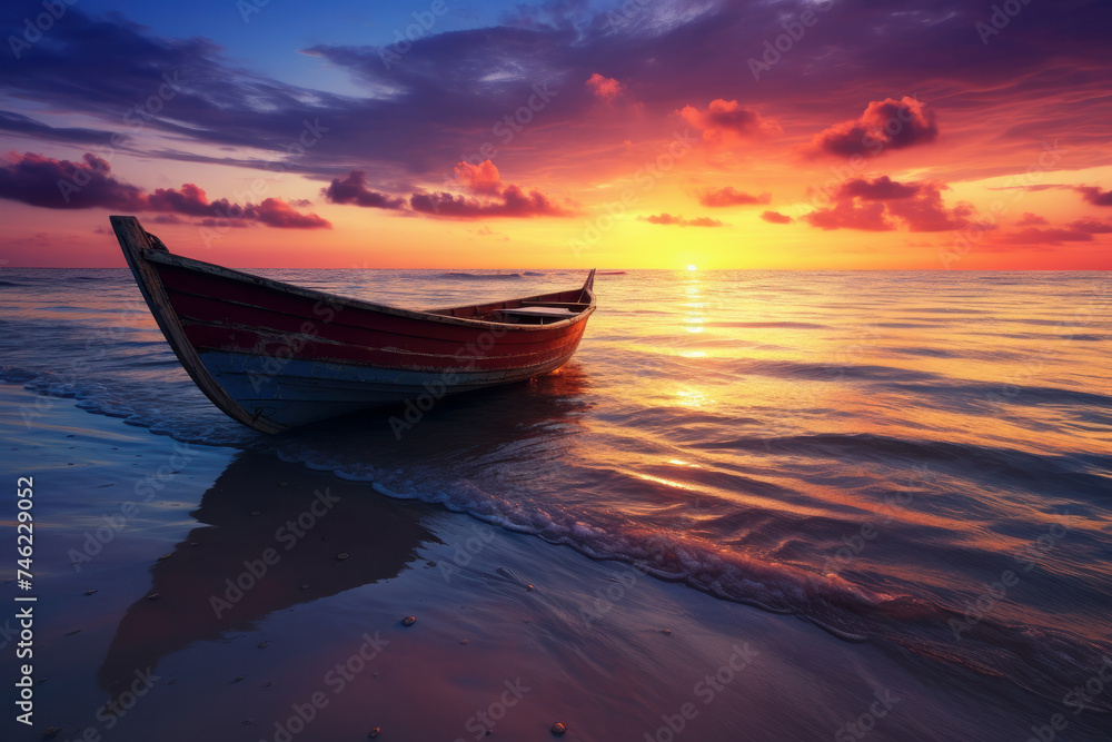 A serene sunset over calm seas with a solitary boat, encapsulating the tranquil beauty of nature AI Generative.