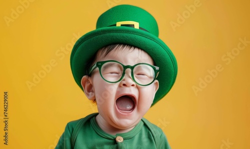 Copy space of portrait of funny and cry baby with glasses and St.Patrick's Hat happy condition, green baby cry suit with the best stock photos and, the bright background, St.Patrick's Day concept © Kanokmai