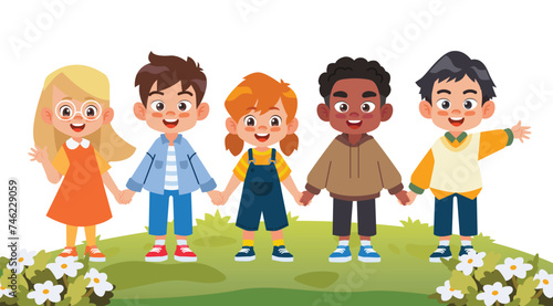 Group of happy kids holding hands