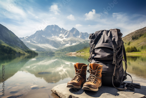 Hiking Boots and Backpack on Rocky Shore Overlooking Serene Mountain Lake. Adventure and Trekking Concept
