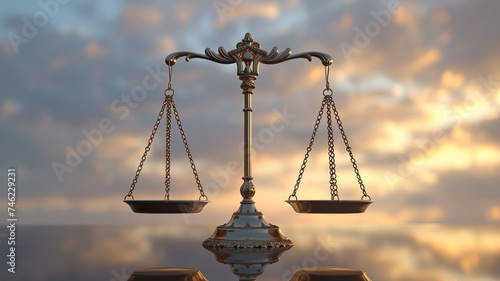 Golden scales on a desk, a symbol of justice and balanced judgment - AI Generative.