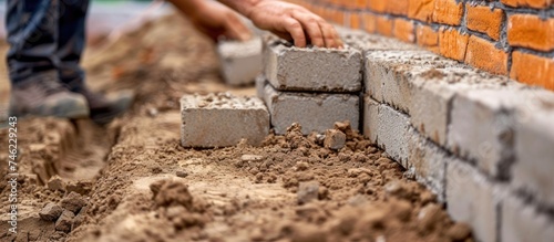 A man is actively constructing a brick wall using brick blocks at a construction site.