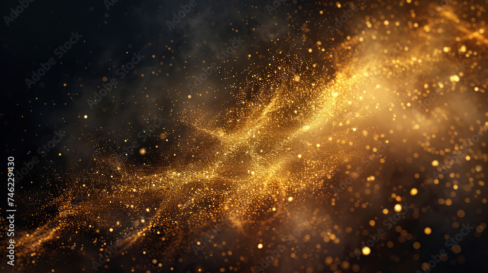 A dynamic explosion of golden sand particles, a spectacle of shimmer, illuminated by AI Generative.