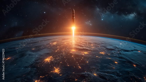 A rocket soars above Earth  a fiery ascent into the cosmos  crafted by AI Generative.