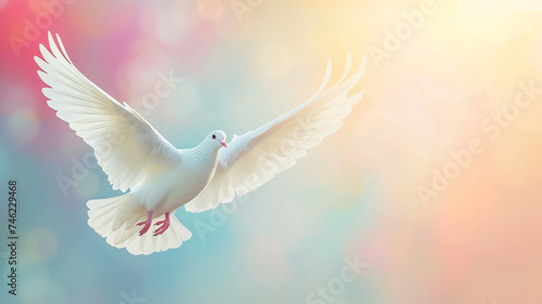 Ethereal white dove soaring in flight against a soft, pastel backdrop. AI Generative.