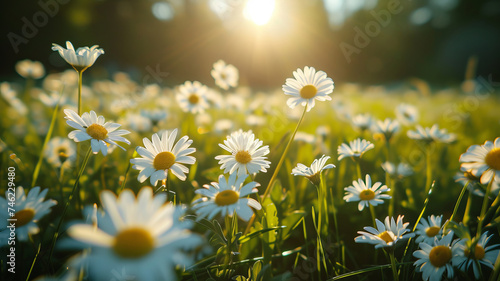 A field of daisies basks in the glow of spring's embrace, a serene natural tapestry. AI Generative.