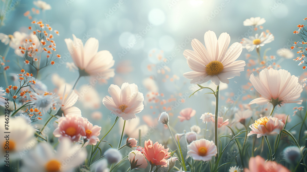 Soft-focus of daisies in a unclear meadow.