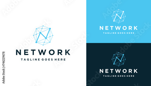 Modern Initial Letter N with Digital Wire Line Dots Hexagon Framework For Futuristic Network Technology Logo Design