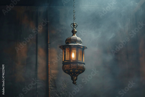 Generative AI Image of Background of Antique Islamic Lantern Hanging in Smoky Dark Room