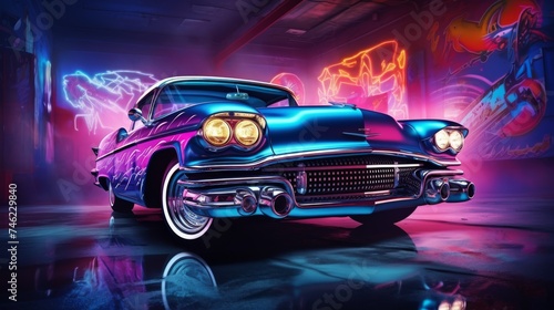 Vintage car with neon background