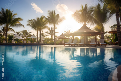 Luxurious Resort Swimming Pool with Sun Loungers and Palm Trees at Sunset. Tropical Vacation Concept