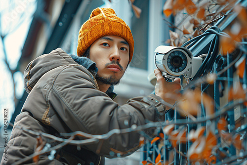 a technician guy climbed up to the outside of a house on second floor to install a surveillance camera photo