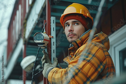 a technician guy climbed up to the outside of a house on second floor to install a surveillance camera photo