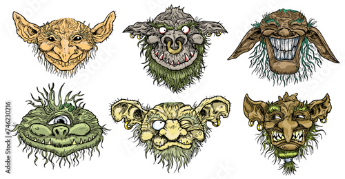 Wallpaper Mural Hand drawn vector set with colorful engraved funny demon or gnome faces  isolated on white Torontodigital.ca