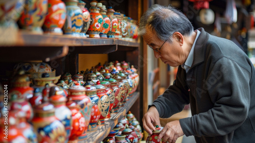 A shop owner arranging rows of beautifully crafted and intricately designed souvenirs ready to be purchased by visitors during Golden Week. photo