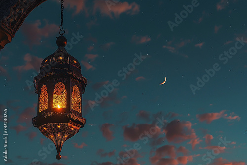 Generative AI Image of Background of Ornamental Islamic Lantern Hanging Outdoor in the Evening