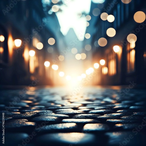 Enchanting Evening Walk: Magic of Cobblestone Streets Illuminated by Soft Glowing Lights. Experience the Serenity and Old-World Charm of a Quiet Alley.