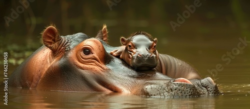 A heartwarming image of a mother hippopotamus lovingly cuddling her adorable baby in the water.