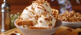 A bowl is filled with mouthwatering ice cream and crispy waffles, creating a tempting dessert that combines creamy sweetness with crunchy texture.