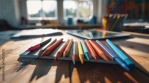 A luz natural ilumina a mesa do designer com lápis coloridos marcadores e tablet organizados de forma impecável photo
