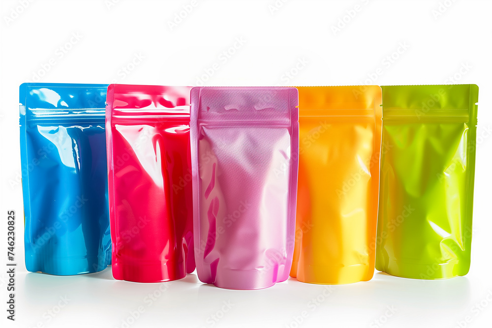 Colorful foil packaging bags with blank space on a white background, suitable for product mock-up designs or food storage concepts