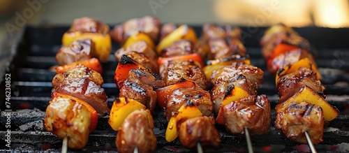 A mouthwatering photograph showcasing a close-up view of perfectly grilled meat and vegetables on a barbecue grill.