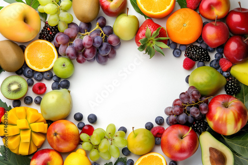Vibrant assortment of fresh fruits on a white background, framing copy space, ideal for healthy eating or nutritional concepts