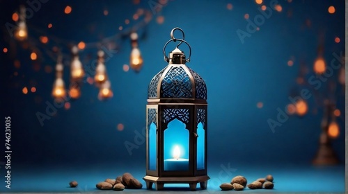 Lit lantern on a blue background Islamic holiday banner Ramadan, Raya Hari, Eid al-Adh photo