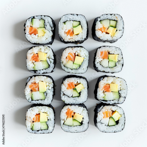 Top view of assorted sushi rolls neatly arranged on a white surface, ideal for culinary themes and Japanese cuisine-related content