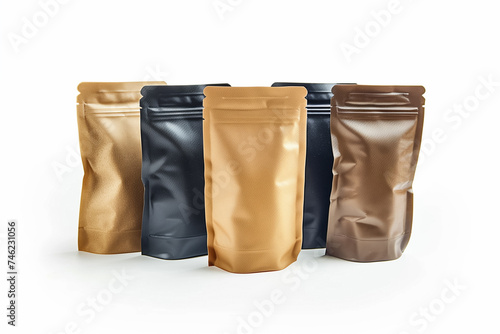 Set of five matte zipper pouch bags in various metallic colors isolated on a white background, packaging for branding and design mockup photo