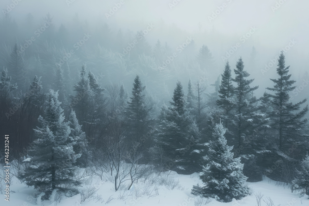 Snowstorm Blanketing Pine Trees Receding into Fog