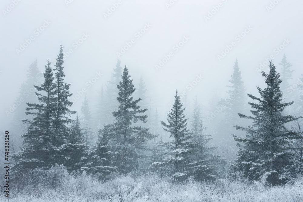 Snowstorm Blanketing Pine Trees Receding into Fog
