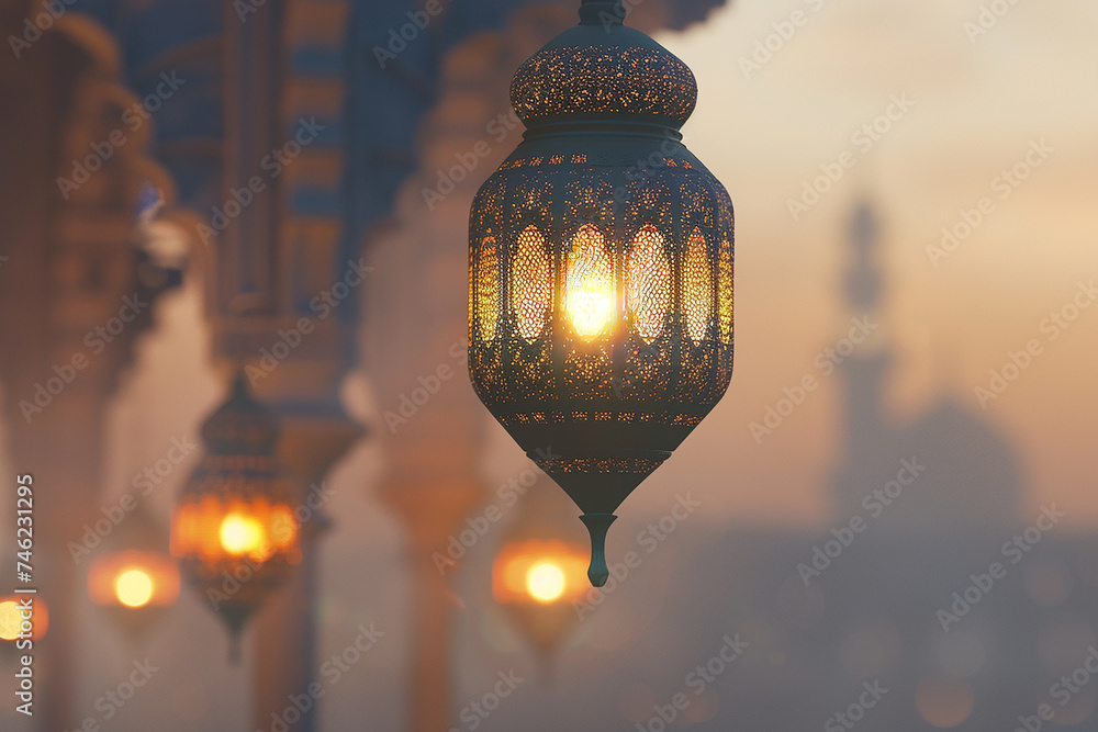 Generative AI Image of Islamic Lantern Hanging Outdoor in a Mosque on Smoky Background